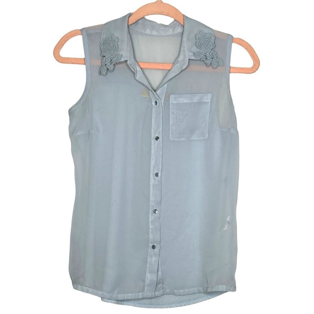 Princess Vera Wang Light Blue Sheer Lace Collared Button Down Tank Top Sz XS